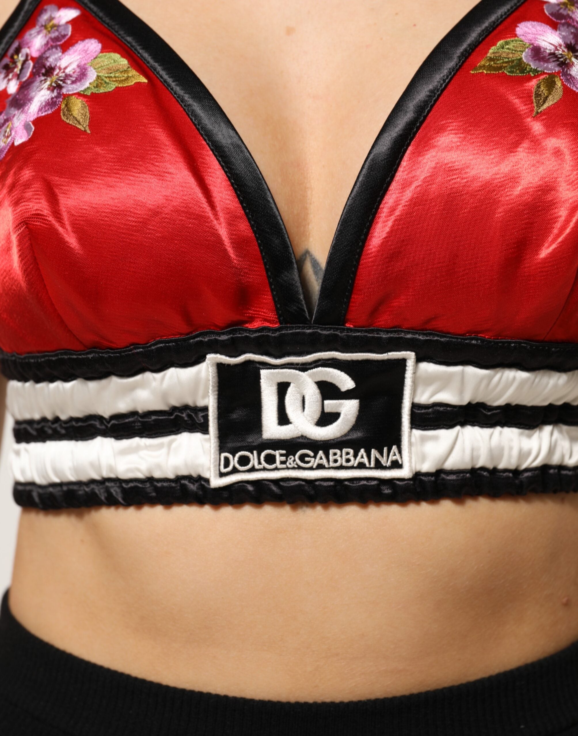 Red Satin Floral Embroidered Bralette Crop Top