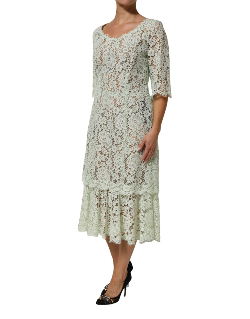 Mint Green Floral Lace Trim Midi Dress