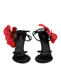 Black Leather Strappy Flower Heels Sandals  Shoes