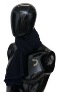 Dark Blue Wool Unisex Neck Wrap Fringes Logo Scarf