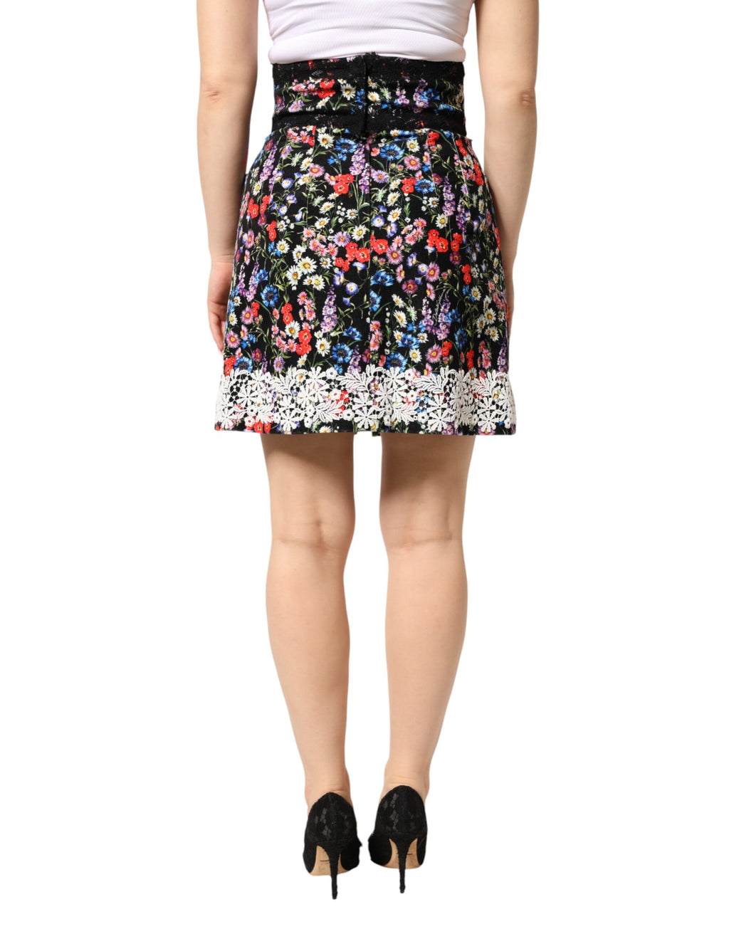 Black Floral Lace Cotton HighWaist Mini Skirt