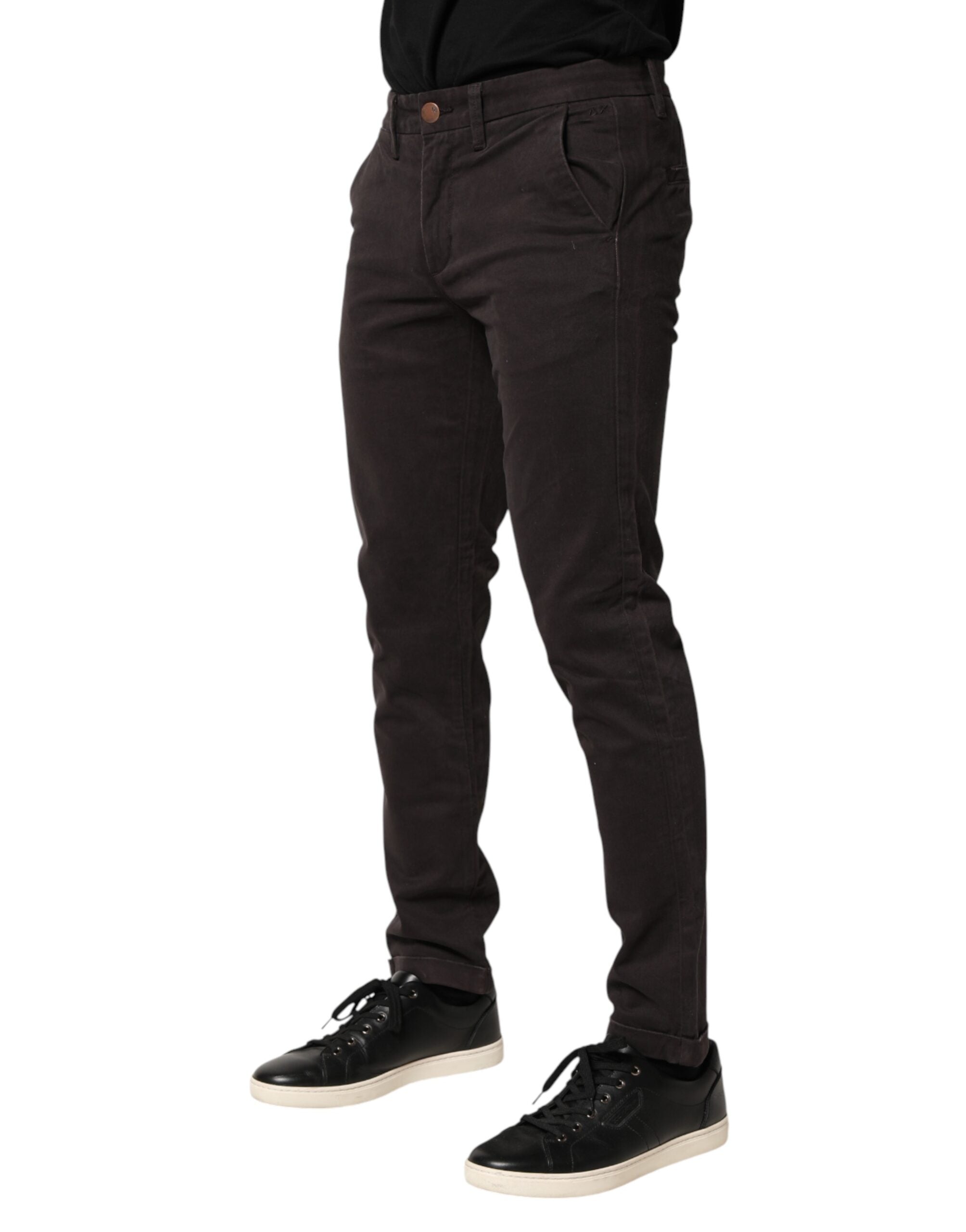 Dark Brown Cotton Stretch Skinny Mid Waist Men Trouser Pants