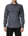 Blue White Button Down Long Sleeves Men Denim Shirt