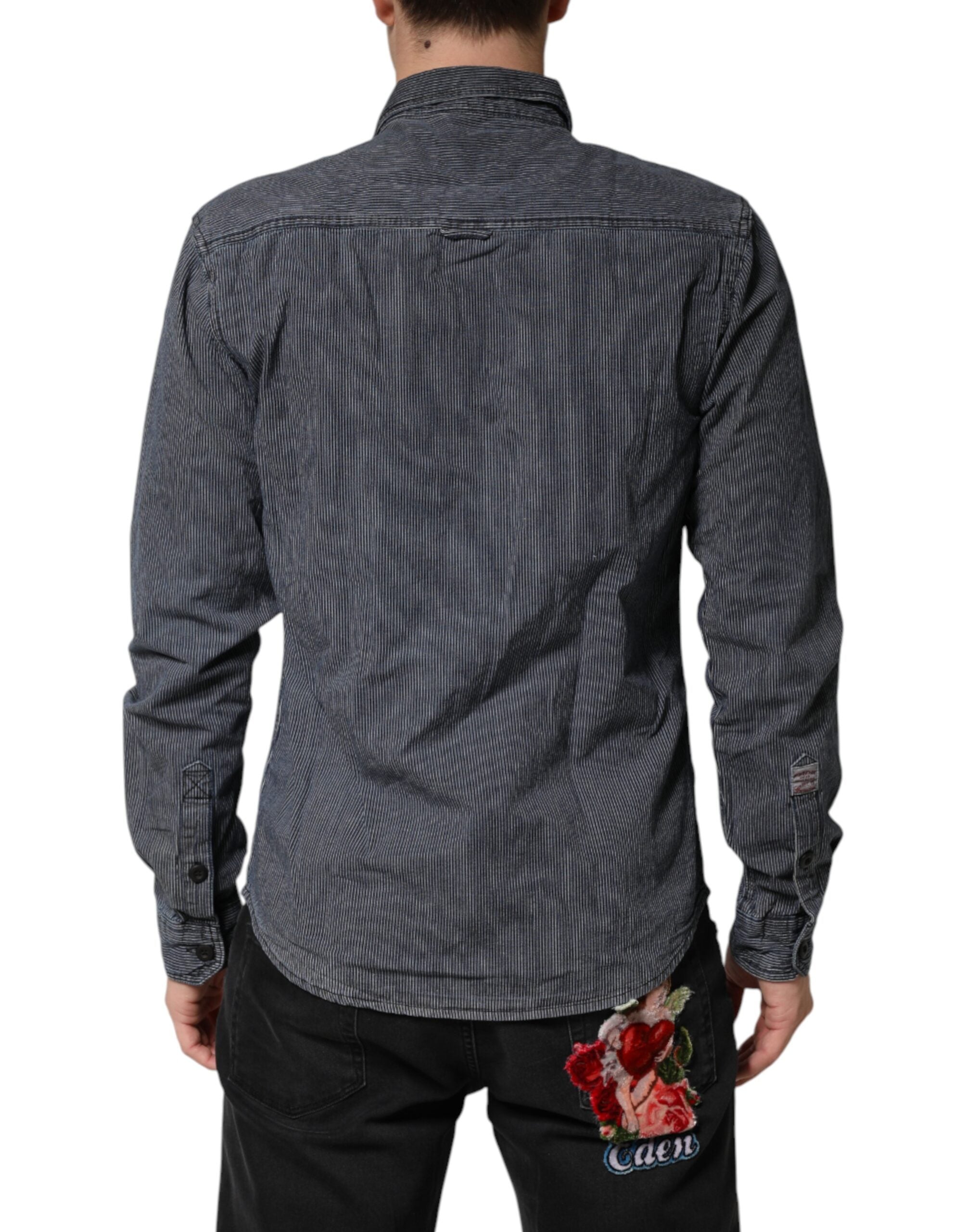 Blue White Button Down Long Sleeves Men Denim Shirt